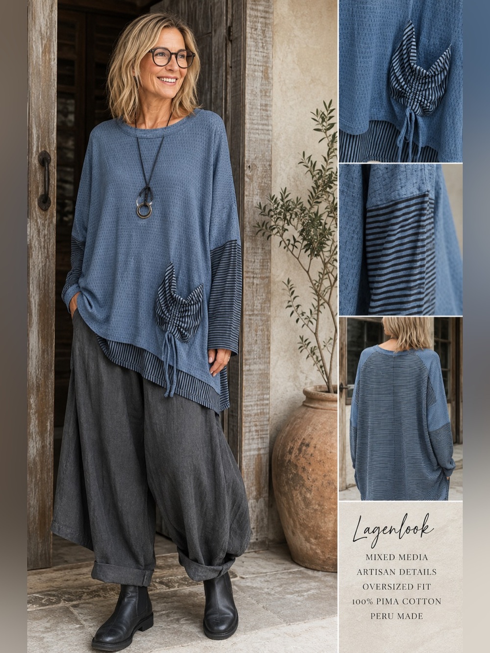 Iridium XL Pima Cotton Lagenlook Mixed Media Oversized Tunic Top Blue